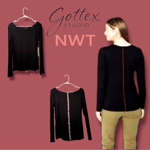 Gottex Studio NWT (Nordstrom) Top Black Modal Ribbon Detail Long Sleeve Size L